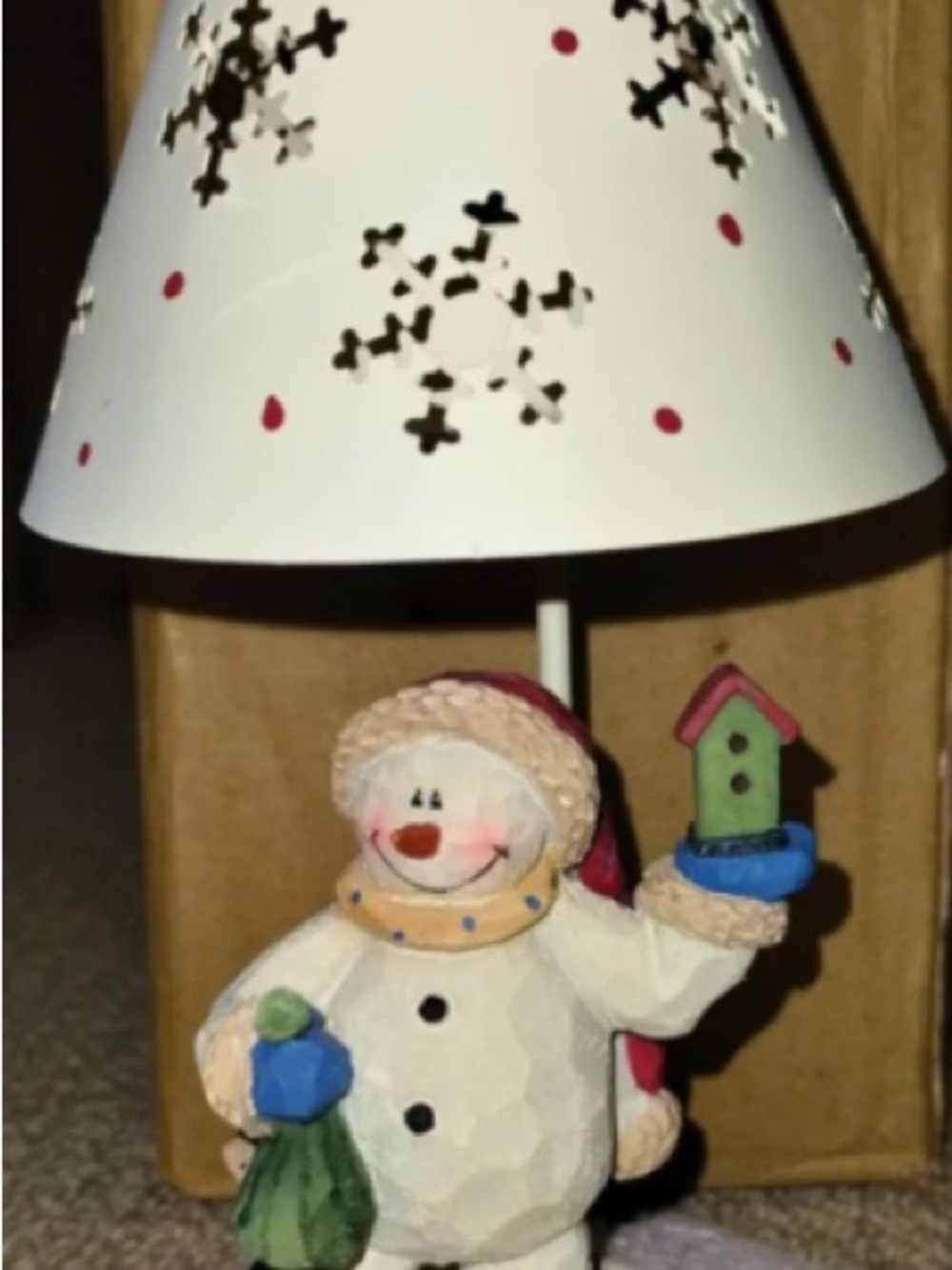 Hand-Painted Snowman Table Lamp with White Shade and Red Accents